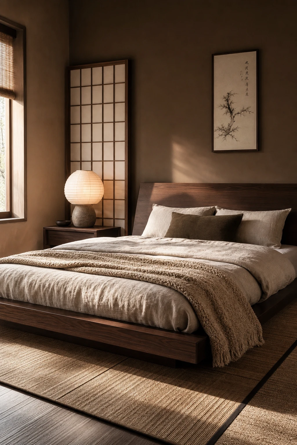 Japandi bedroom with dark wood low platform bed as hero, linen bedding, shoji screen panel, ceramic bedside lamp and Farrow and Ball Tanners Brown wall