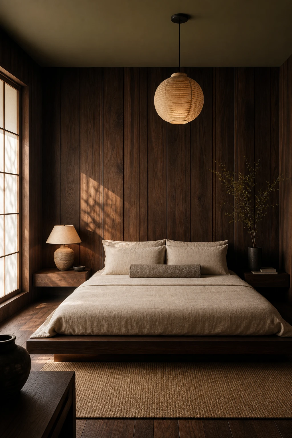Japandi bedroom with dark wood panel walls as the hero feature, low platform bed, linen bedding, paper lantern pendant, and warm morning light