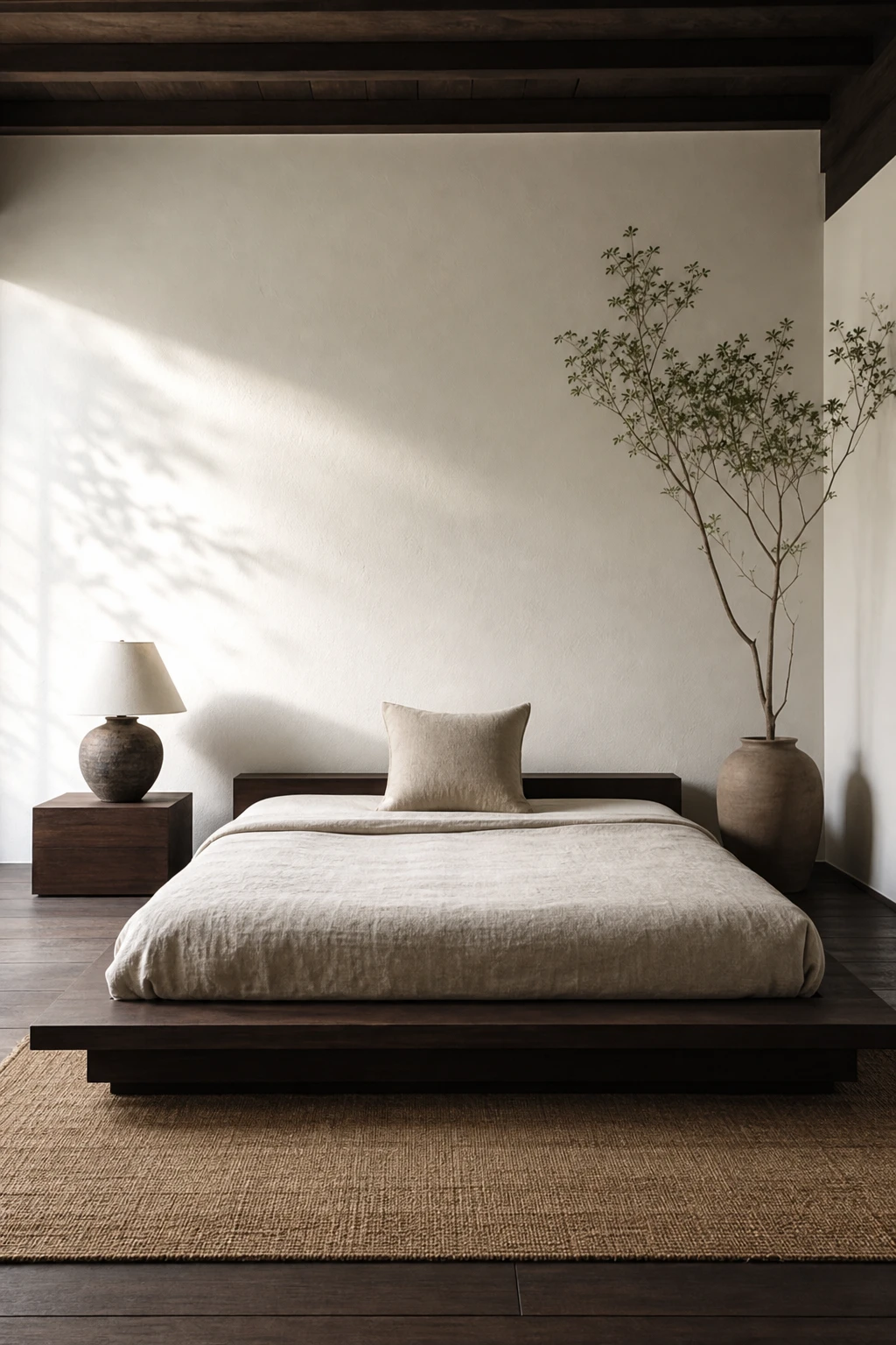 Japandi bedroom with dark wood platform bed, minimal decor, Strong White walls, natural linen bedding and a single ceramic lamp on a low nightstand