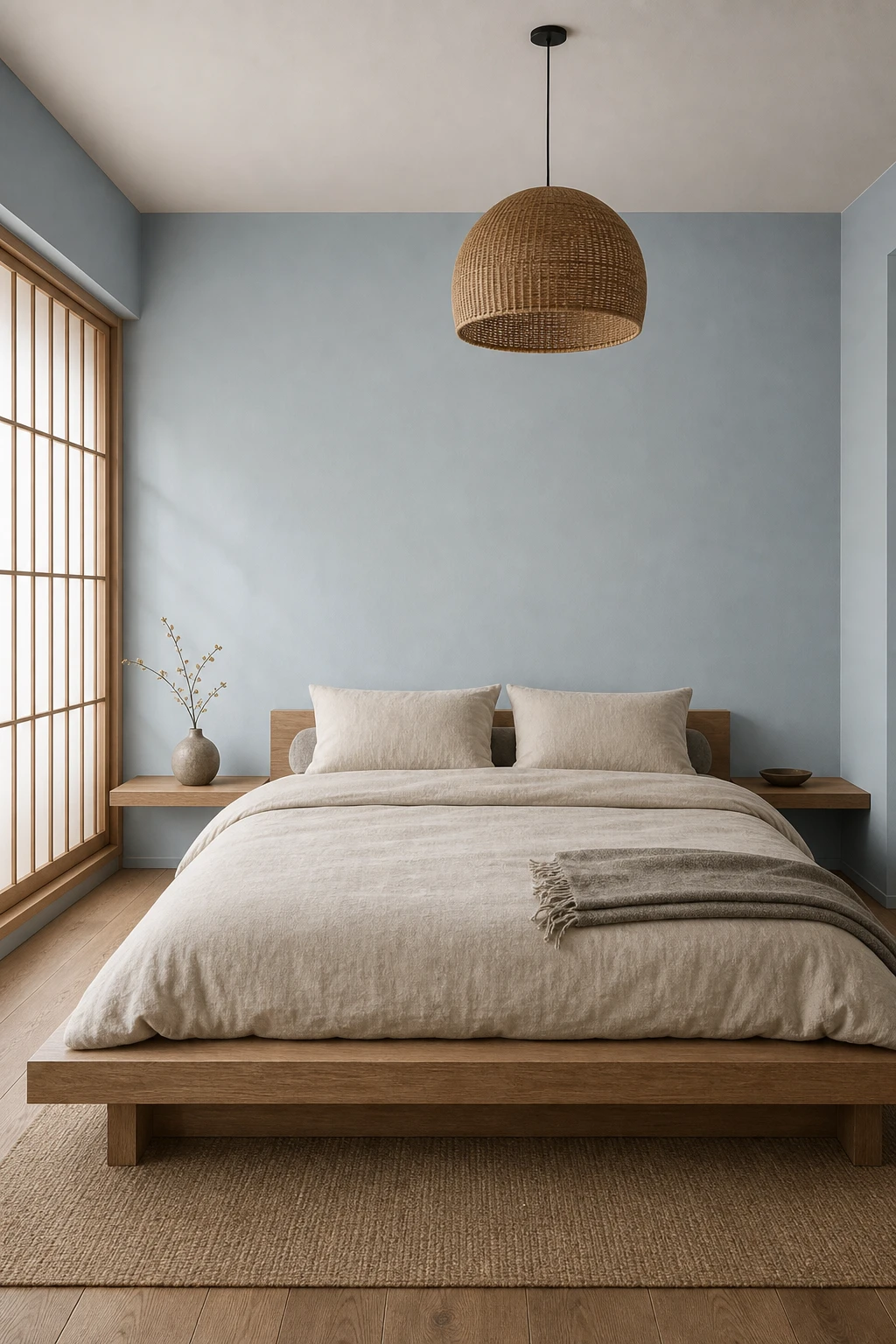 Japandi bedroom with Farrow and Ball Pale Powder blue painted walls, low platform bed, linen bedding, shoji style window and rattan pendant light