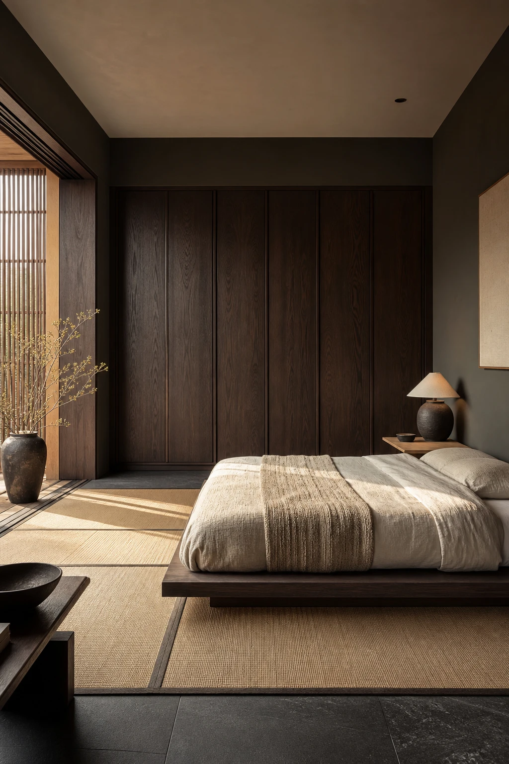 Japandi bedroom with full wall dark wood fitted wardrobes in Farrow and Ball Cola paint, low platform bed, linen bedding, warm morning side light