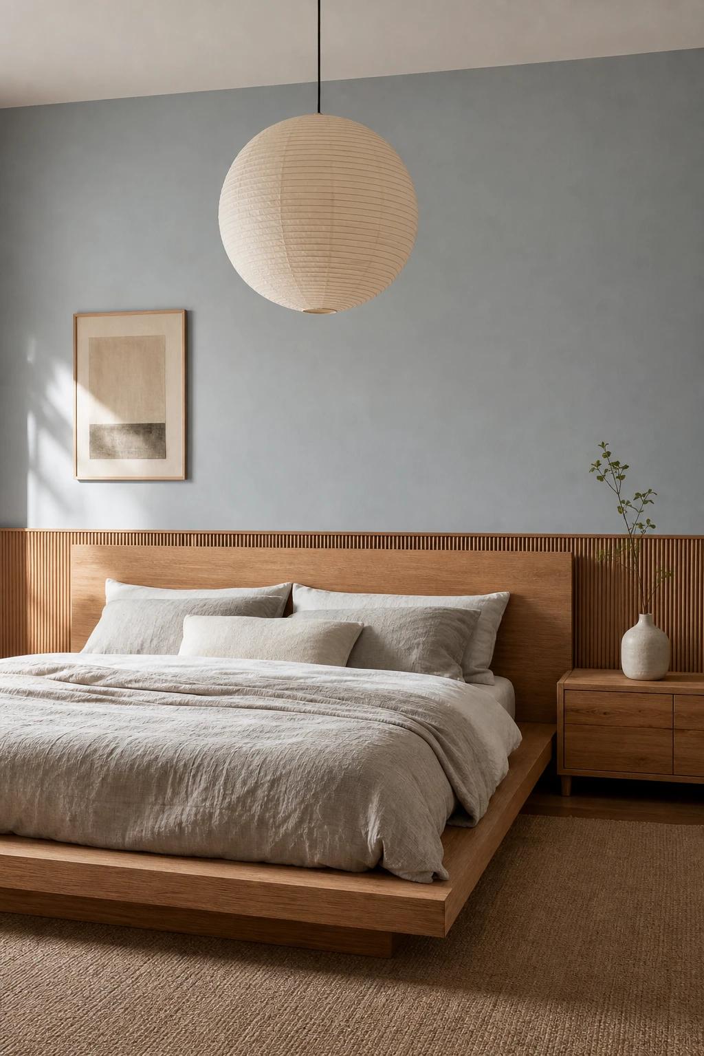 Japandi bedroom with light blue walls in Farrow and Ball Parma Gray paired with warm oak timber bed frame, linen bedding, and paper pendant light
