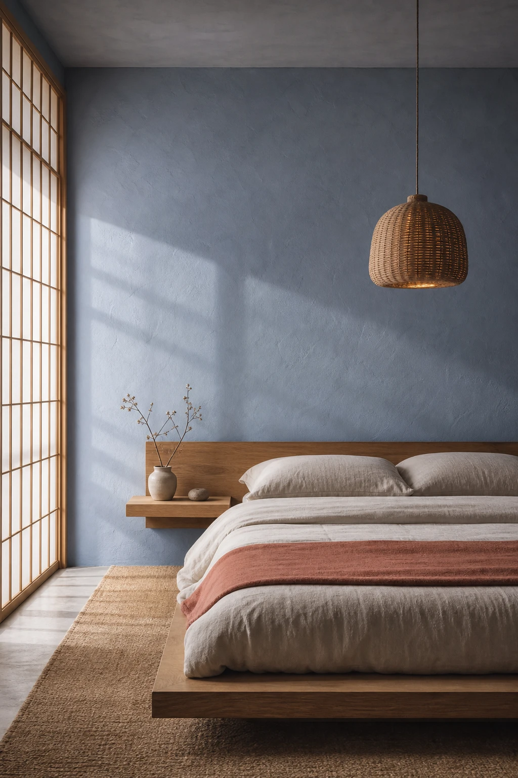Japandi bedroom with muted blue walls painted in Farrow and Ball Powder Blue, low platform bed, linen bedding, shoji screen and rattan pendant light in soft morning light