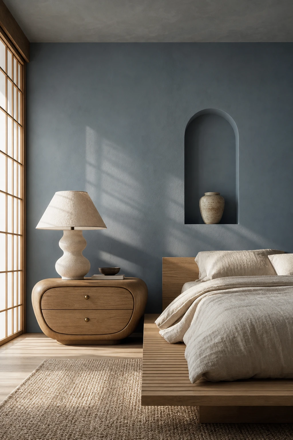 Japandi bedroom with retro curved nightstand and vintage lamp in Farrow & Ball Lulworth Blue, soft natural morning light, minimal warm wood and linen tones
