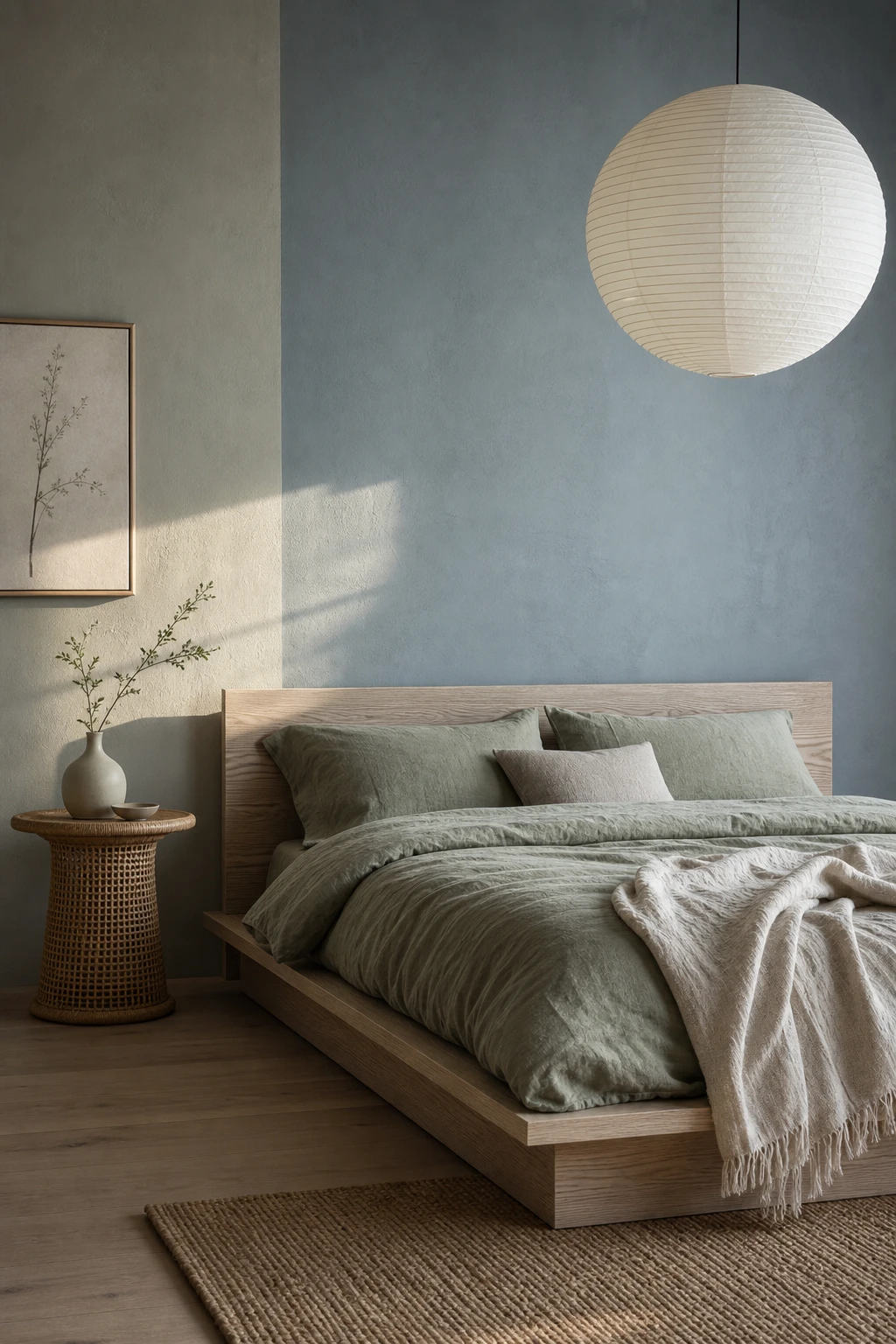 Japandi bedroom with sage green and Chinese Blue walls, linen bedding, low platform bed, paper lantern pendant and rattan side table in soft morning light