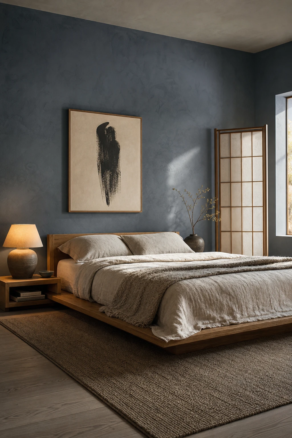 Japandi bedroom with smoky greyed blue walls in Farrow and Ball De Nimes, low platform bed, linen bedding, shoji screen panel and ceramic bedside lamp