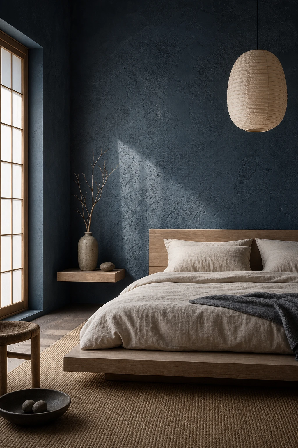 Japandi bedroom with textured plaster walls in Ancona Blue, low platform bed, linen bedding, paper pendant light and pale timber floor in soft morning light