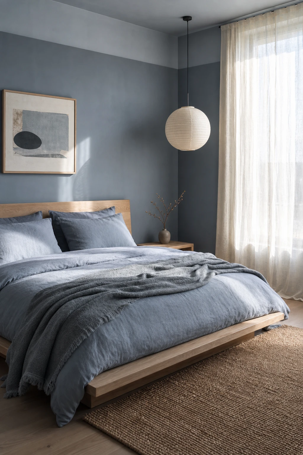 Japandi bedroom with tonal blue bedding and walls in Farrow and Ball Blue Ground paint, layered linen and textured throws creating meditative calm