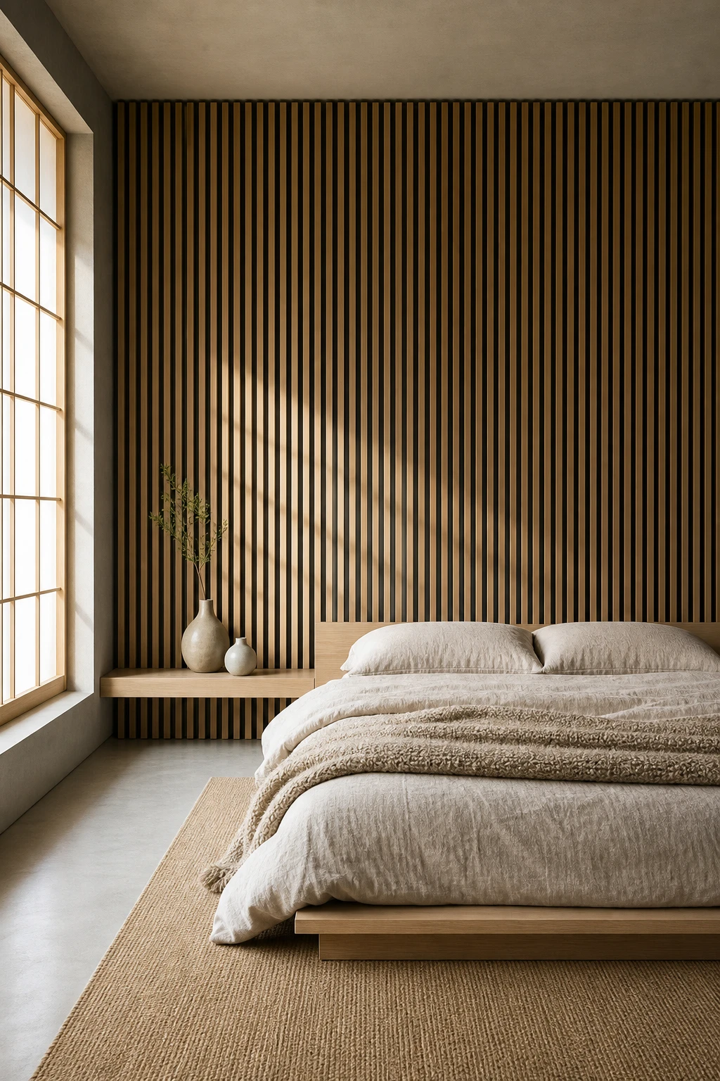 Japandi bedroom with vertical wood slats as a full wall panel behind a low platform bed, painted in Farrow and Ball Black Blue, soft linen bedding and warm natural light