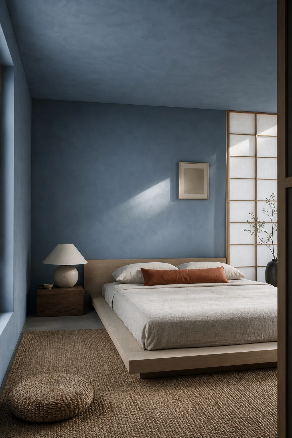 Japandi small bedroom painted Farrow and Ball Bothy Blue with low platform bed, shoji screen, linen bedding and warm morning light
