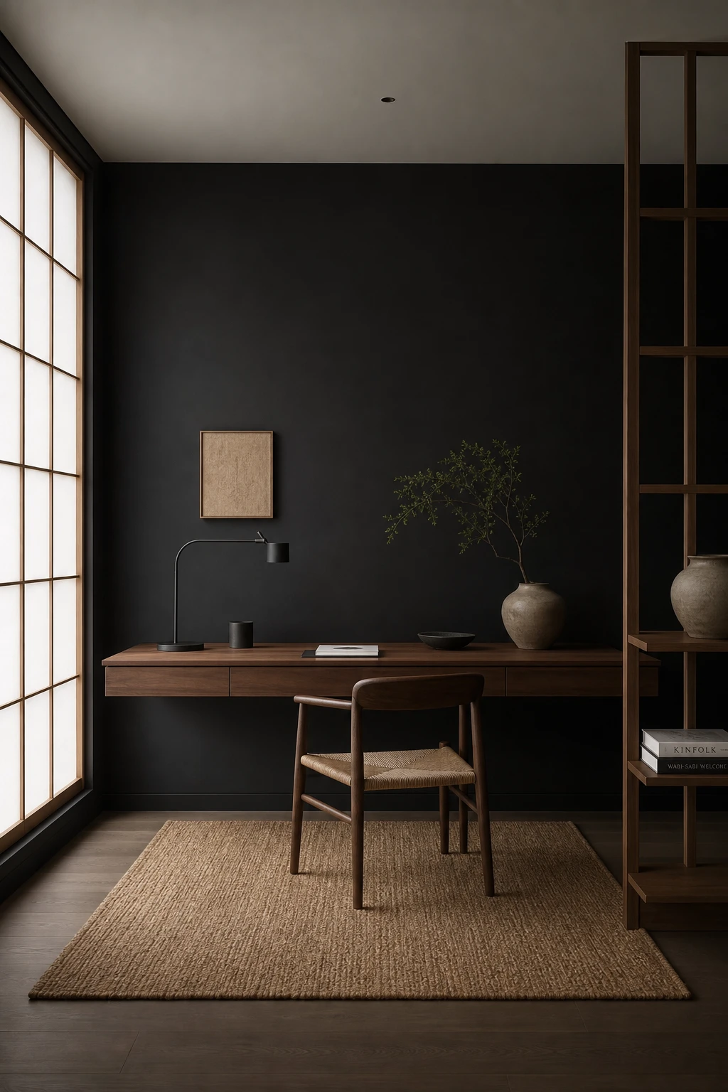 Japandi style black minimalist home office with low walnut desk, shoji inspired shelving, woven floor mat, and Farrow & Ball Paean Black walls in soft natural light