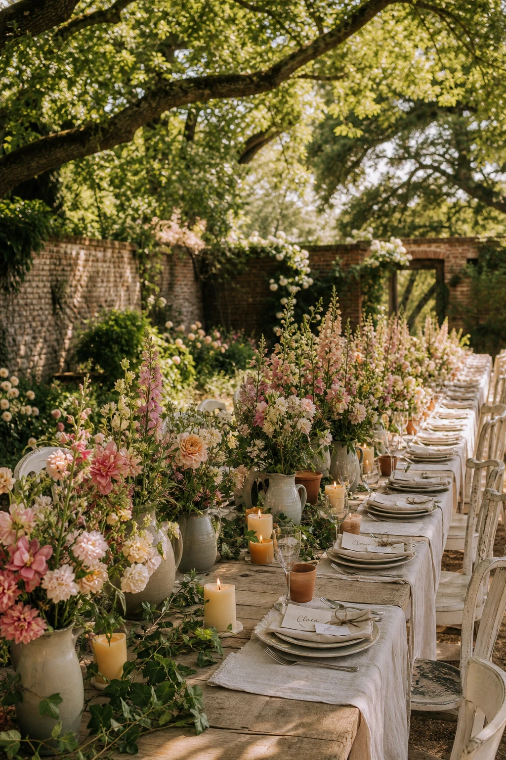 Long banquet tables set for an English country garden wedding with linen runners, garden flowers and Farrow and Ball New White painted wooden chairs in dappled afternoon light