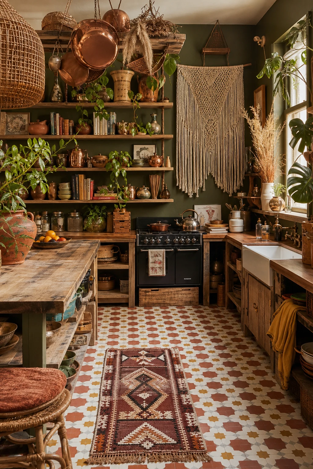 Maximalist 70s boho kitchen layered with patterned tiles, hanging copper pots, macrame, open shelving, and Farrow and Ball Broccoli Brown painted walls