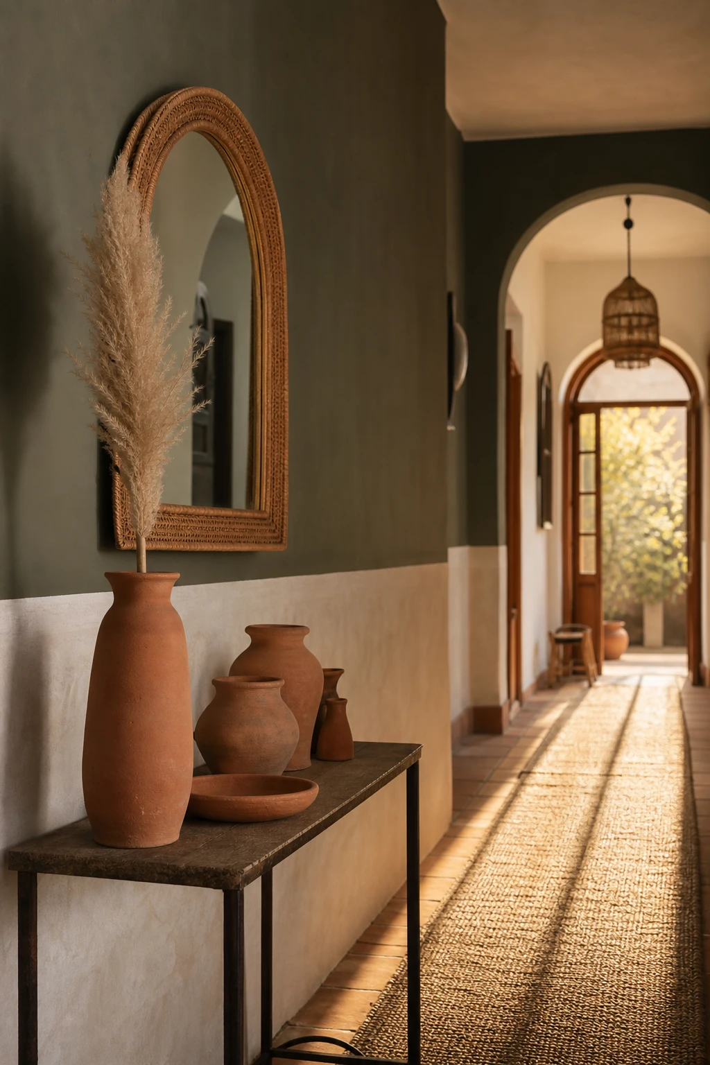 Mediterranean budget hallway with terracotta accent decor, Charlotte's Locks painted wall, arch mirror, woven runner and ceramic vessels in warm afternoon light