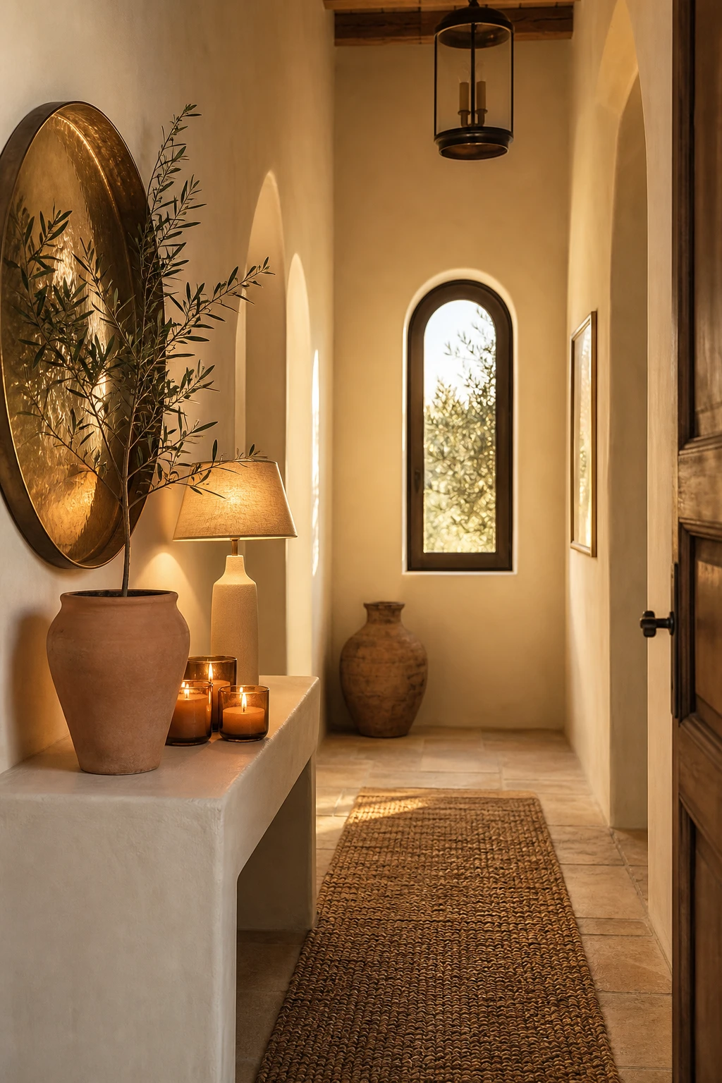 Mediterranean budget hallway with warm welcome layering scented candles, a potted olive branch, soft lamplight and Farrow & Ball Dorset Cream walls