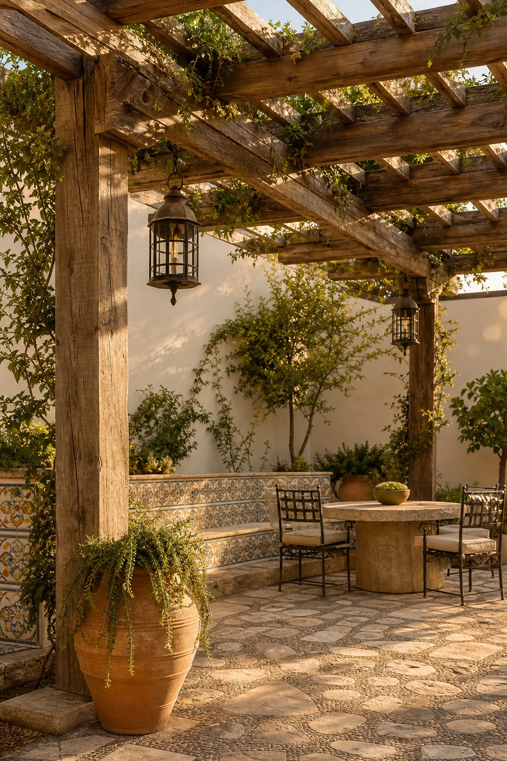 Mediterranean Greek style garden corner with a timber pergola as the hero, climbing vines, terracotta pots, mosaic floor and warm white painted render wall