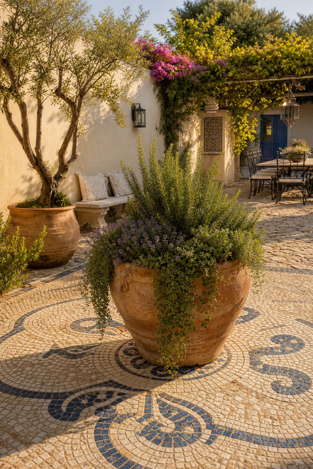 Mediterranean Greek style garden courtyard with a large terracotta planter as hero, framed by whitewashed walls, olive tree, mosaic floor tiles, and warm afternoon light