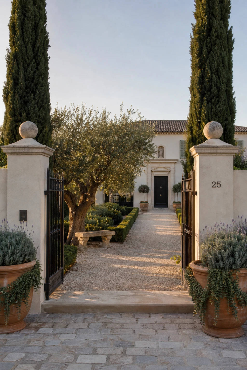 Mediterranean Greek style garden front yard with terracotta urns, cypress trees, white rendered gate pillars painted Farrow and Ball Bone, and gravel path in warm afternoon light