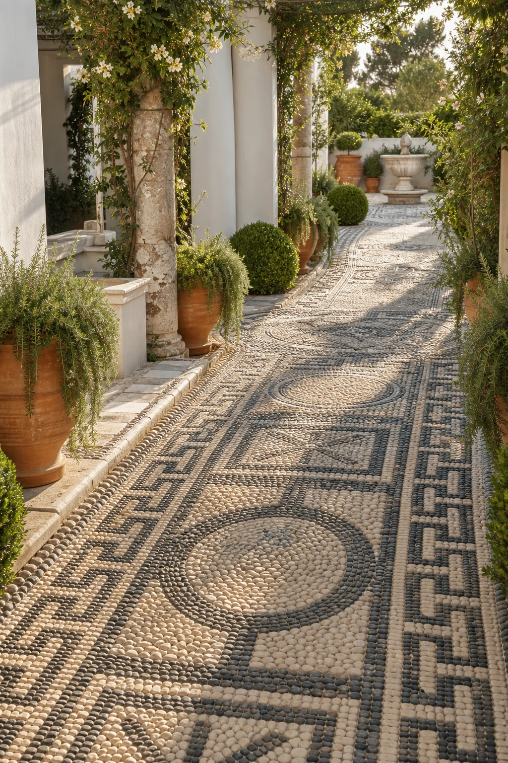 Mediterranean Greek style garden mosaic path of pebbles and stone tiles winding through white rendered columns and olive trees in warm afternoon light