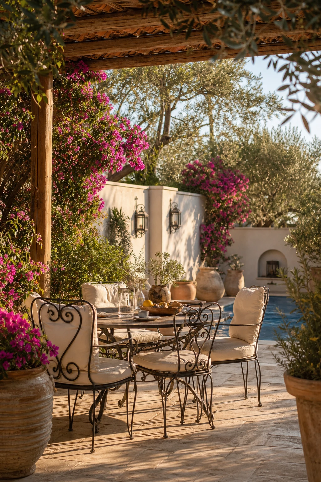 Mediterranean Greek style garden patio with white wrought iron furniture, terracotta pots, climbing bougainvillea, and warm stone paving in soft afternoon light