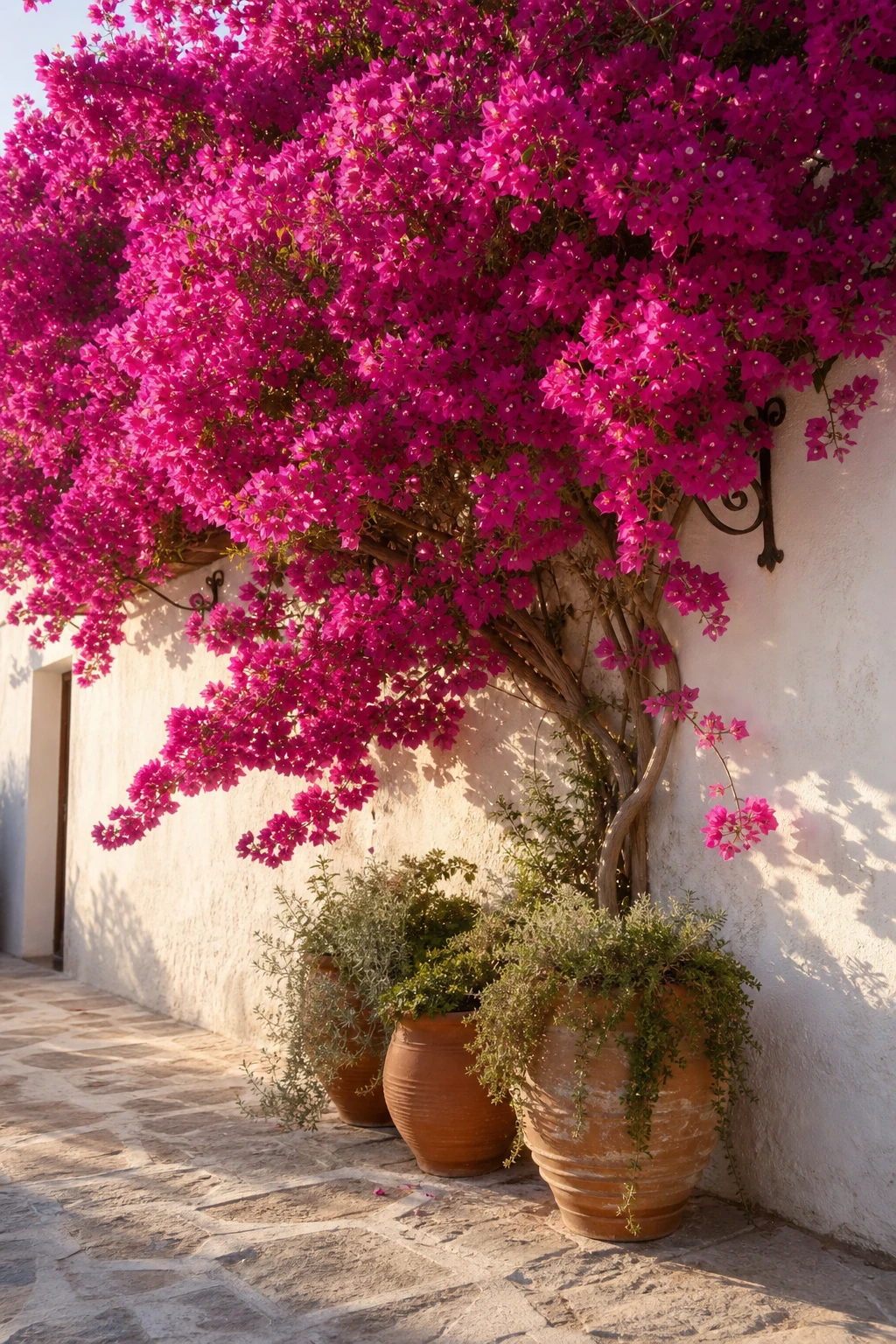 Mediterranean Greek style garden wall draped in vivid magenta bougainvillea cascading over Farrows White rendered masonry in warm afternoon sunlight