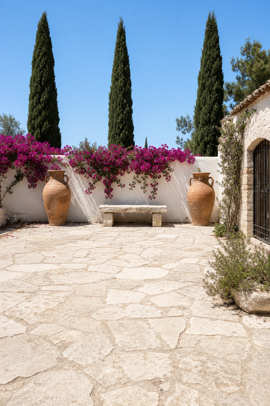 Mediterranean Greek style garden with a stone courtyard hero, terracotta urns, cypress trees, whitewashed rendered garden wall painted Farrow and Ball All White, midday sun
