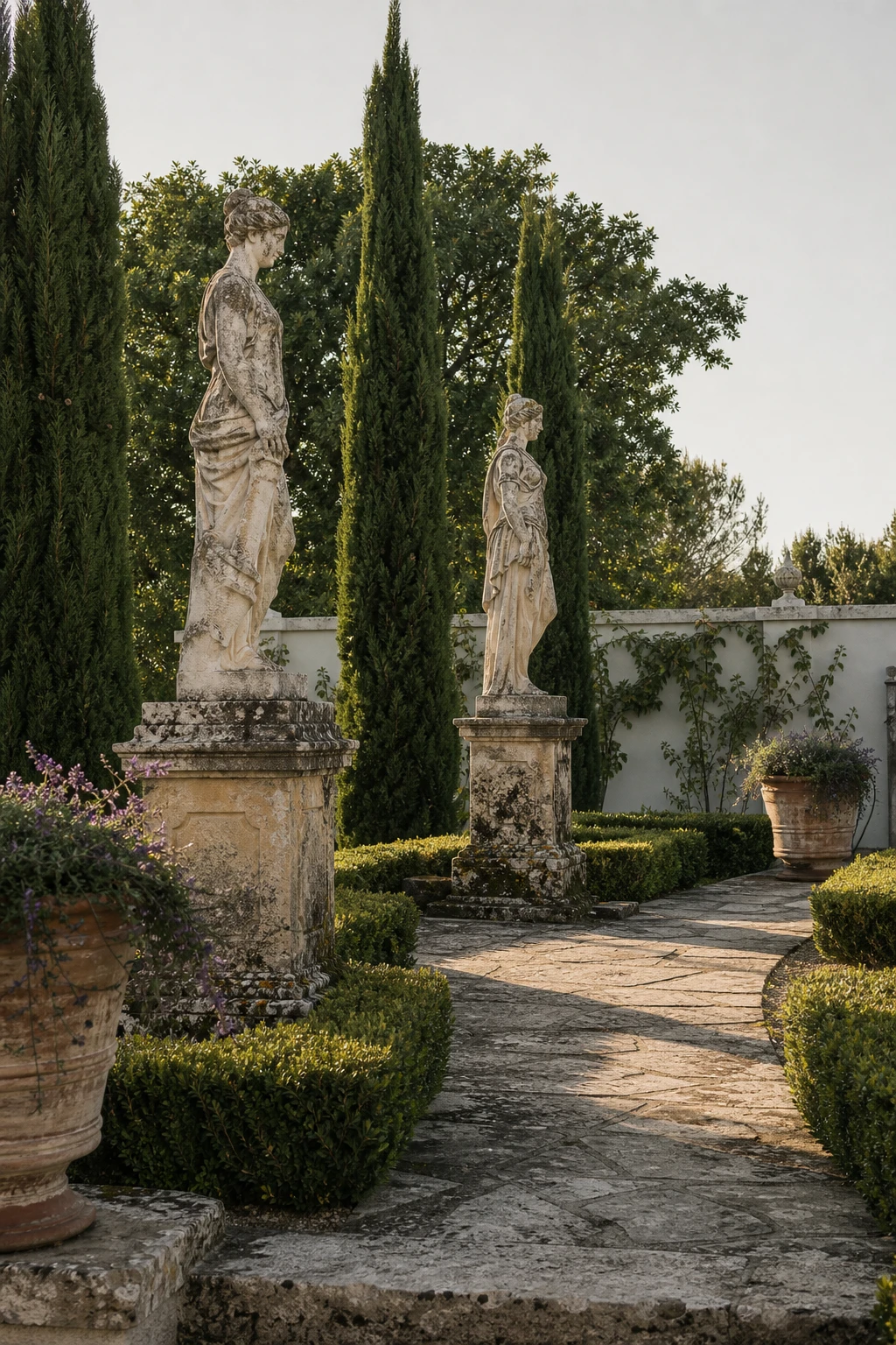 Mediterranean Greek style garden with aged marble statues on stone plinths surrounded by cypress trees, terracotta urns and clipped hedges in warm afternoon light