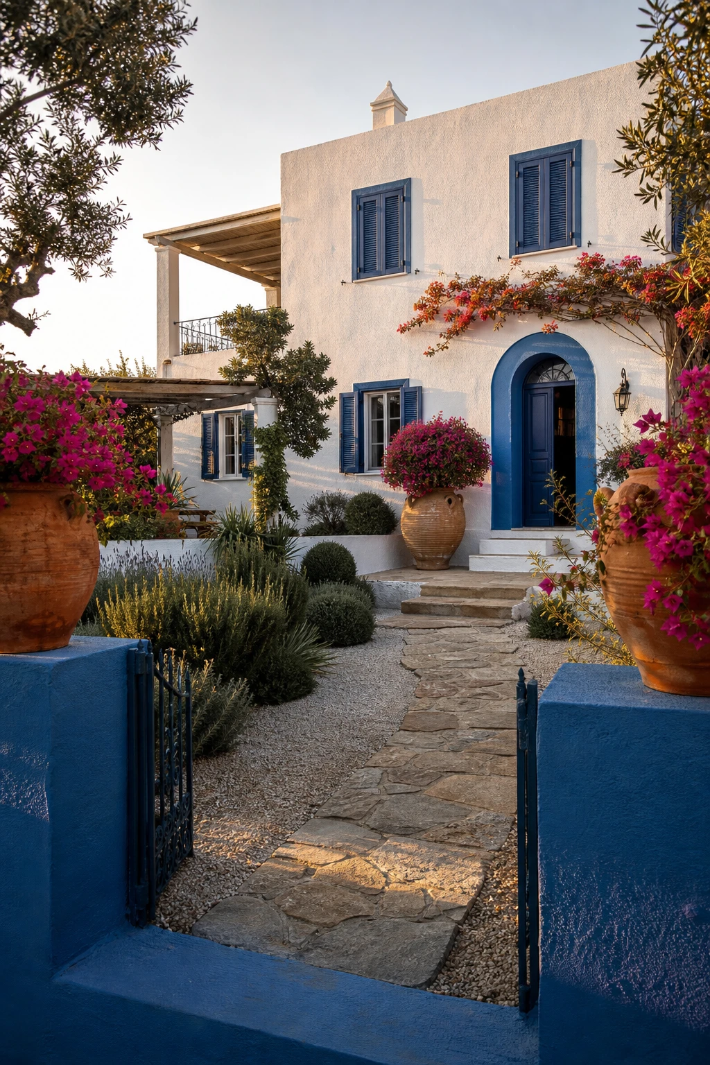 Mediterranean Greek style garden with blue accents on a white rendered house, featuring painted shutters, terracotta pots and lush climbing plants in warm afternoon light