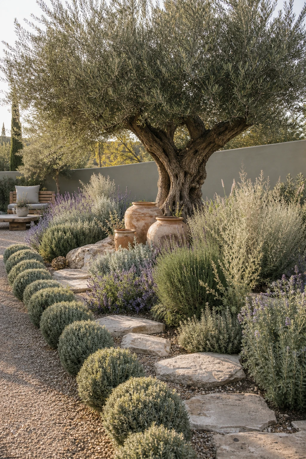 Mediterranean Greek style garden with companion planting around an olive tree, layered silvery foliage and sage green painted terracotta wall in warm afternoon light