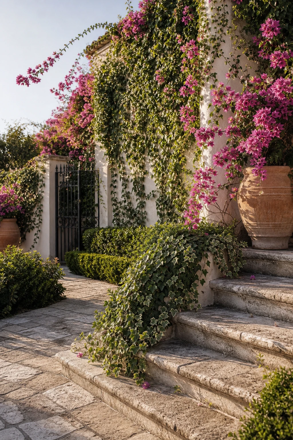 Mediterranean Greek style garden with ivy and climbing flowers draping over whitewashed stone walls and terracotta urns in warm afternoon light