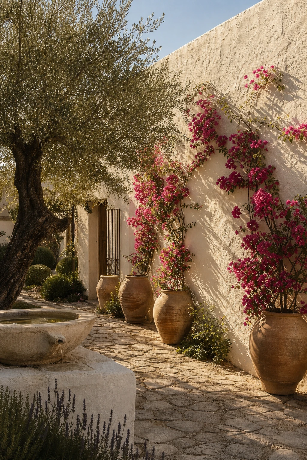 Mediterranean Greek style garden with rough stucco walls painted warm white, terracotta urns, trailing bougainvillea, cobblestone path and olive tree in soft afternoon light