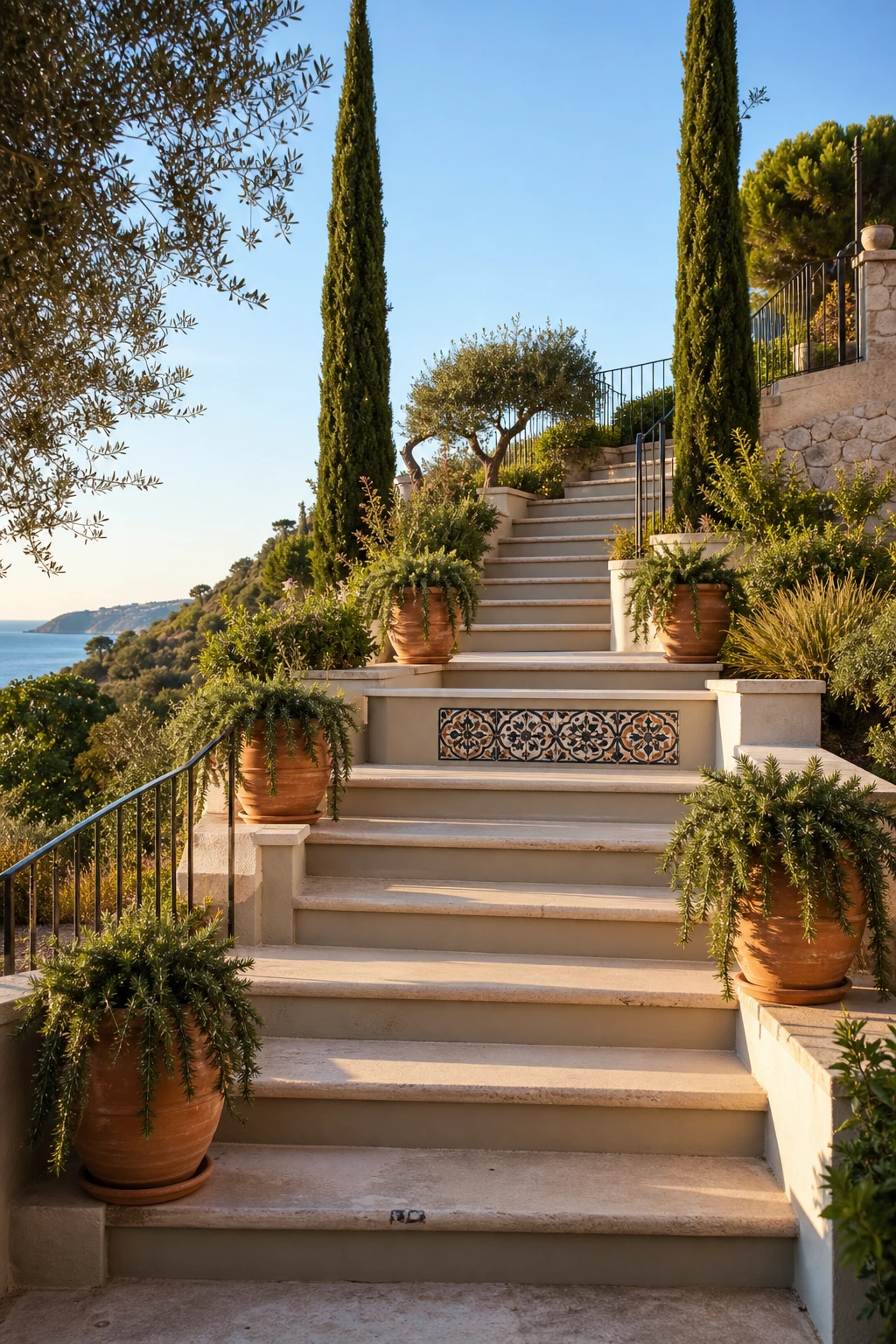 Mediterranean Greek style garden with wide outdoor stairs as hero feature, Oxford Stone rendered risers, terracotta urns, trailing rosemary and cypress trees in warm afternoon light