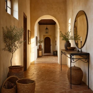 Mediterranean hallway with limewash ochre walls, terracotta tile floor, a plaster arch, iron console table, round mirror, and a potted olive tree in warm late afternoon light.