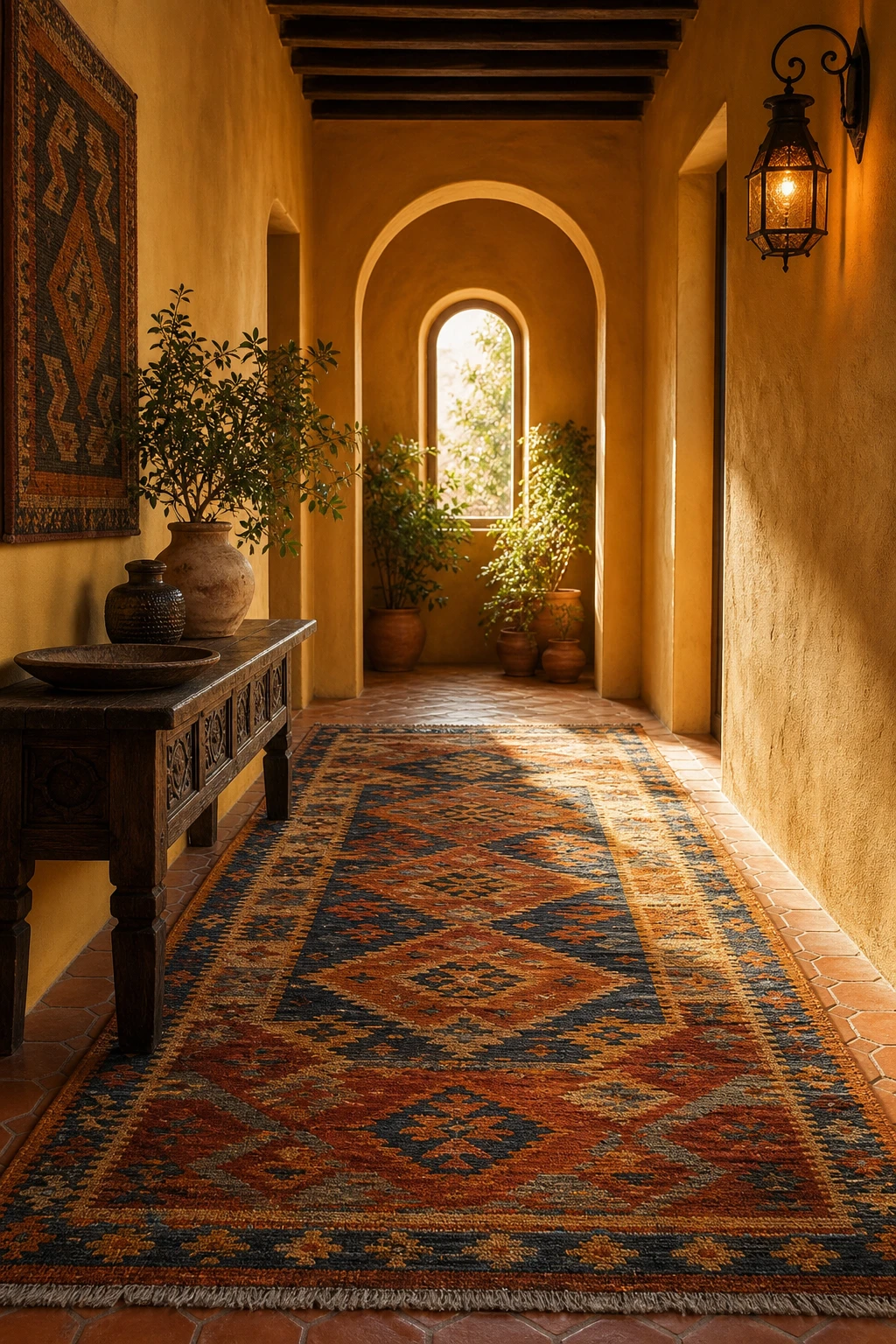 Mediterranean hallway with a boho kilim rug as the hero, terracotta floor tiles, arched doorway, warm yellow walls in Farrow and Ball Babouche paint