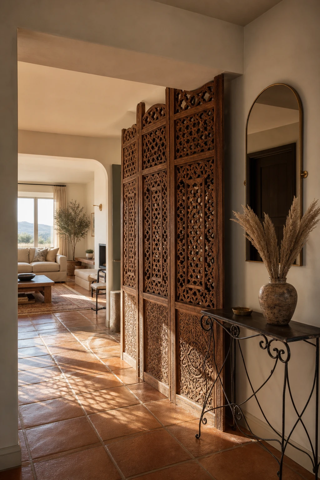 Mediterranean hallway with a carved wooden room divider defining the entry zone, warm neutral walls, terracotta tiles, and arched mirror in an open plan home