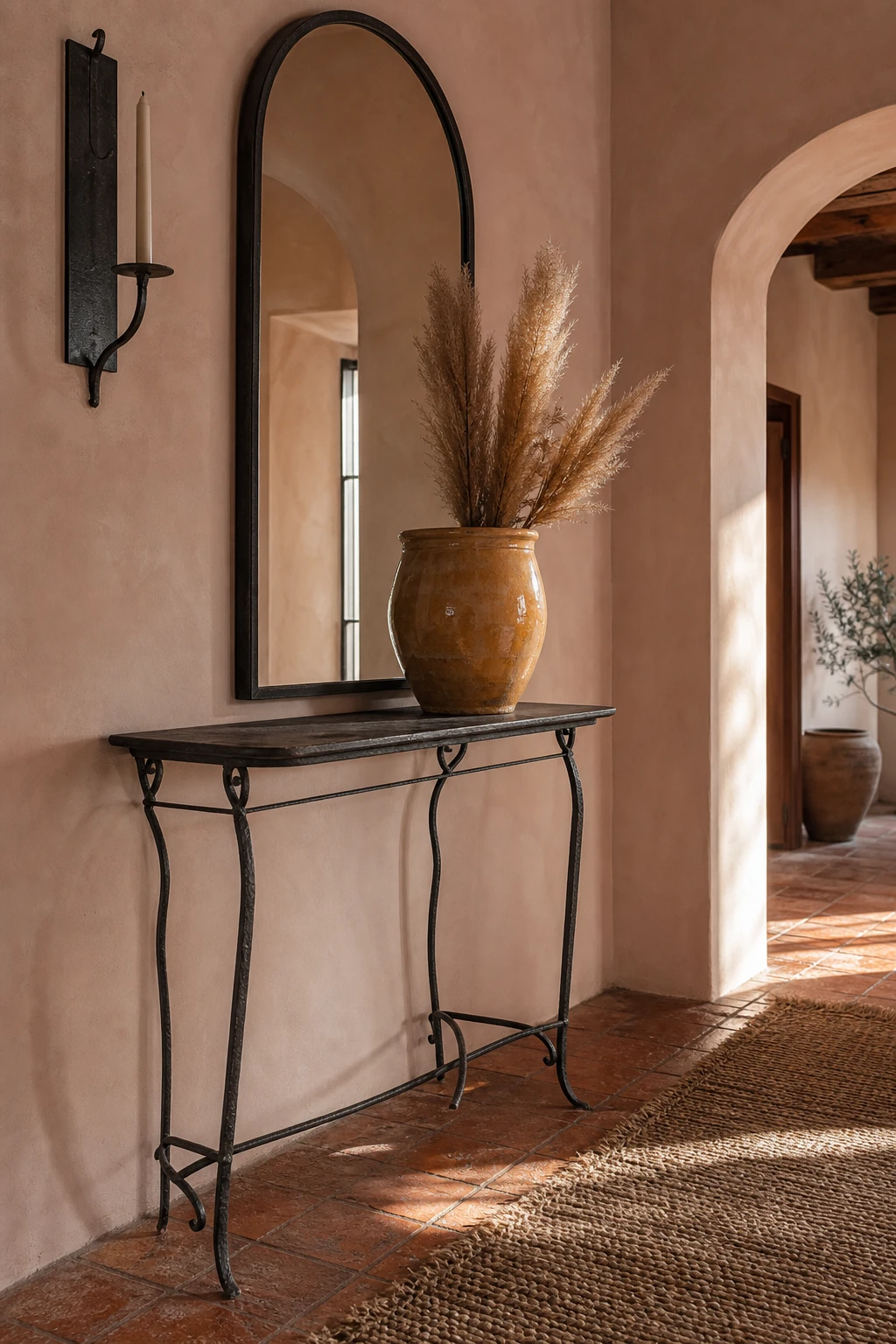 Mediterranean hallway with a dark iron console table as hero, terracotta floor tiles, arched mirror, ceramic vessel and Ointment Pink walls in warm afternoon light