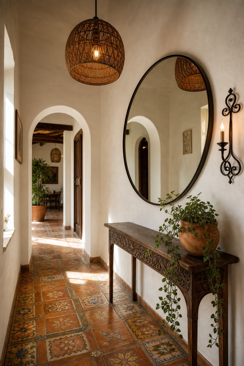 Mediterranean hallway with a large round mirror as hero, terracotta floor tiles, arched doorway, wrought iron wall sconce, and Farrow & Ball All White walls