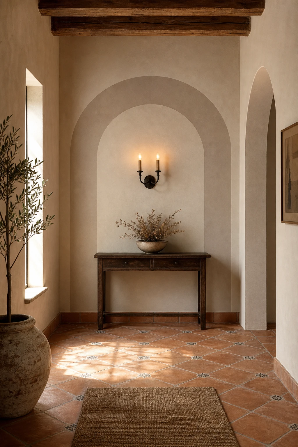 Mediterranean hallway with a painted arch feature wall in Farrow & Ball Duster, terracotta floor tiles, wrought iron wall sconce, and aged wooden console table