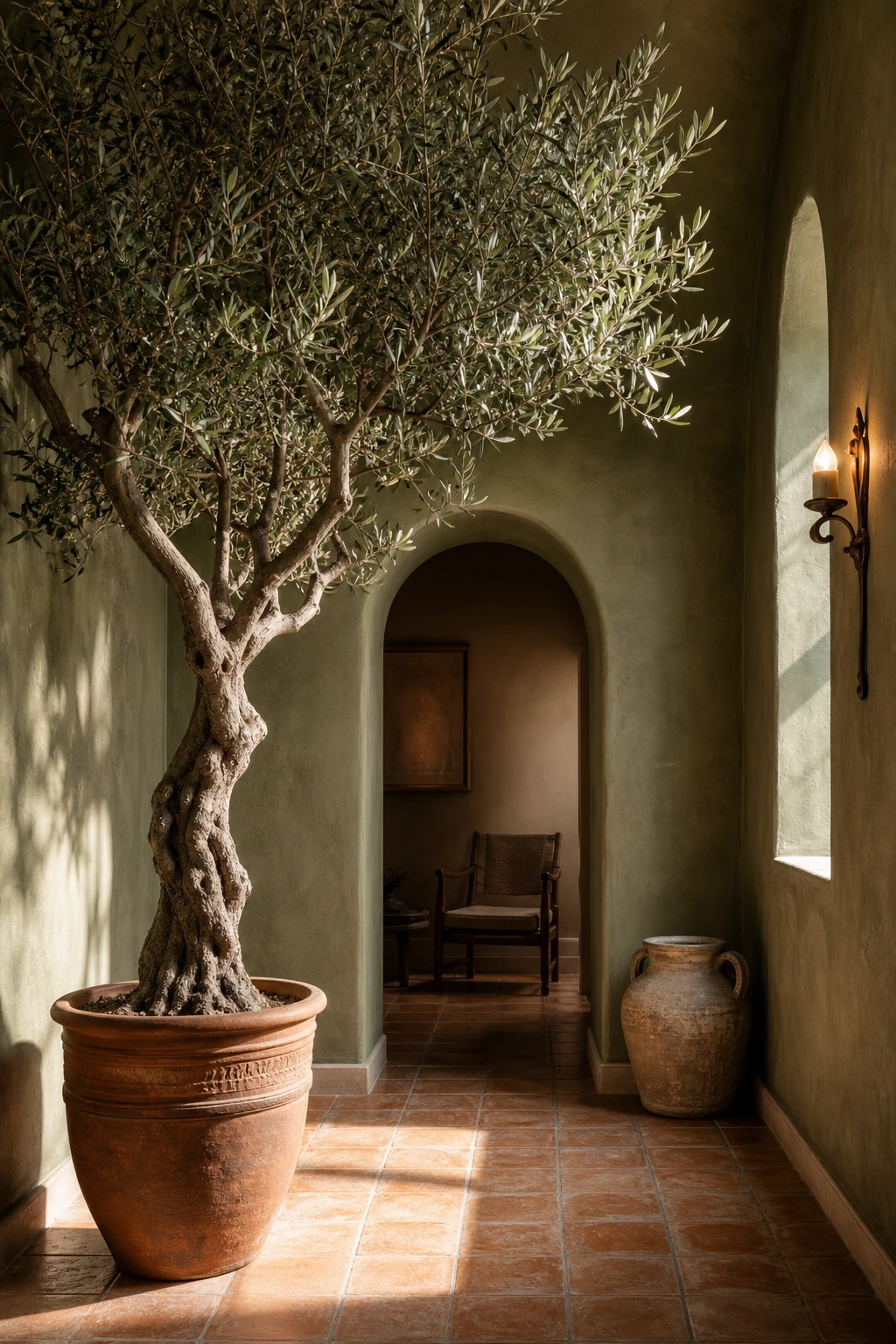 Mediterranean hallway with a potted olive tree as the hero, terracotta floor tiles, arched doorway, Farrow and Ball Olive painted wall and warm afternoon light