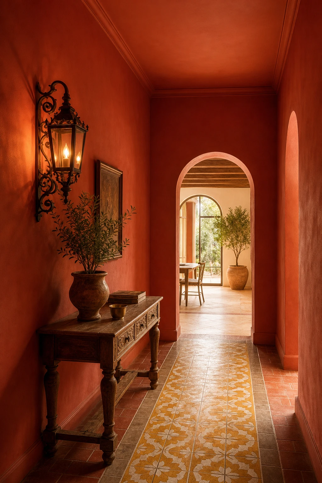 Mediterranean hallway with bold terracotta walls painted in Farrow and Ball Loggia, arched doorway, encaustic tile floor, wrought iron lantern and carved wooden console