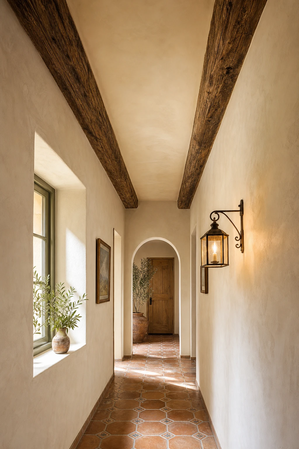Mediterranean hallway with exposed beam ceiling detail painted in warm neutral tones, terracotta tiled floor, arched doorway and wrought iron lantern in natural light