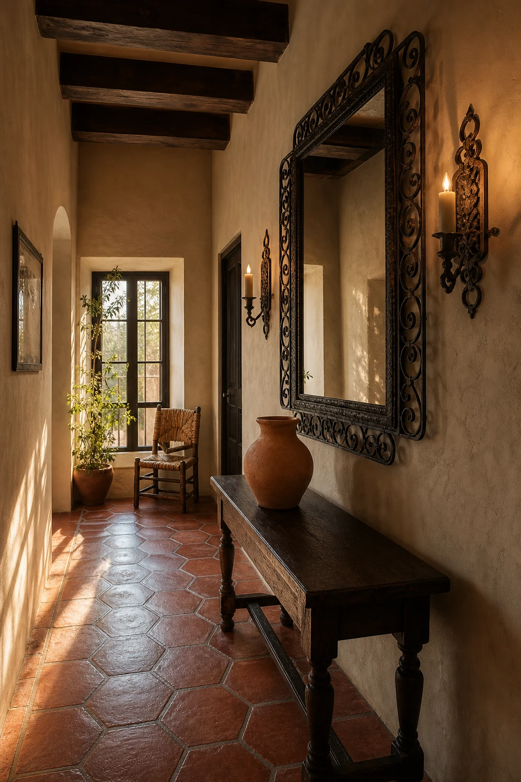 Mediterranean hallway with hacienda drama featuring thick mirror frames, dark ironwork wall sconce, terracotta floor tiles, and Farrow & Ball Oxford Stone painted walls