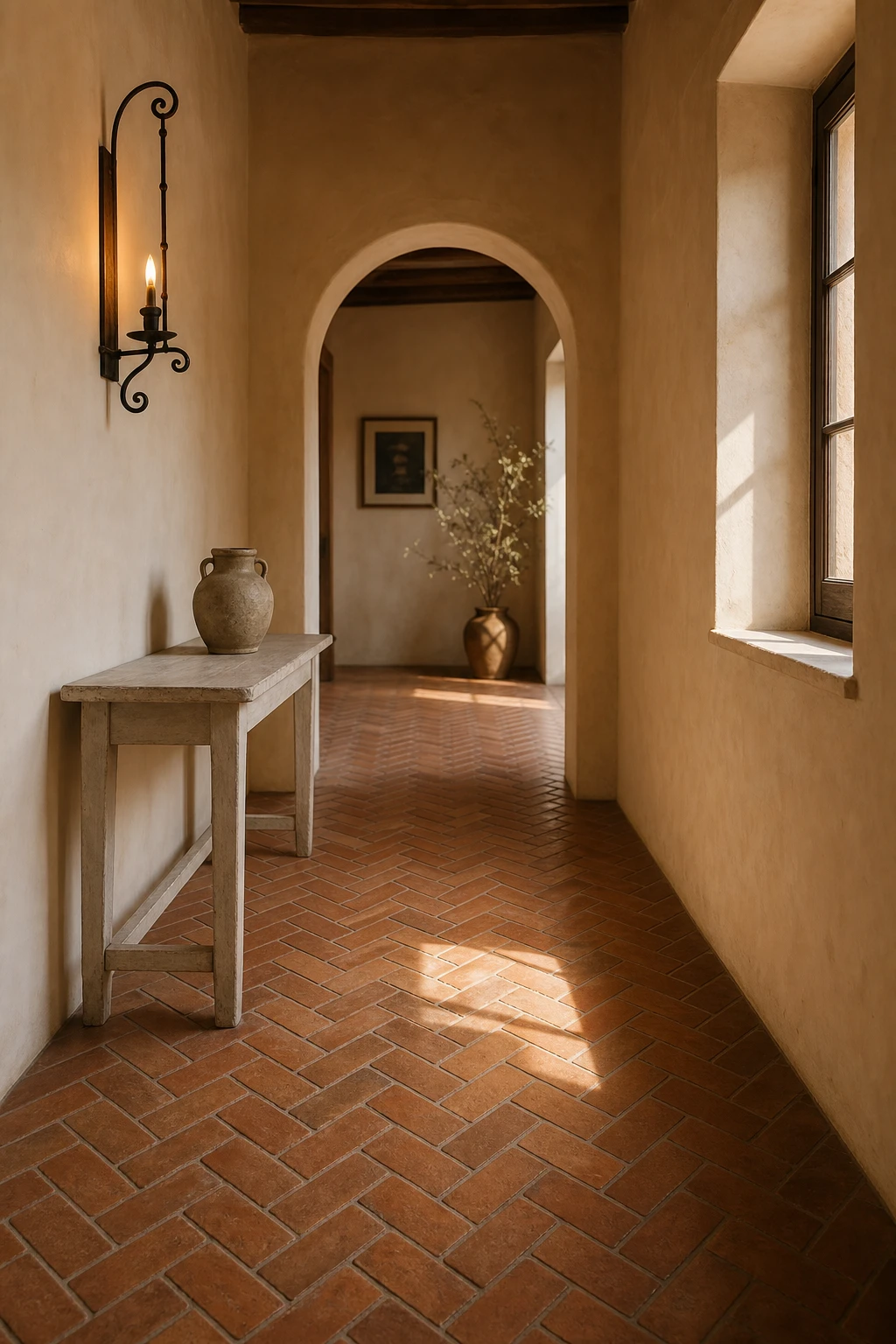 Mediterranean hallway with herringbone terracotta tile floor as hero, warm Farrow and Ball Buff walls, arched doorway and wrought iron wall sconce