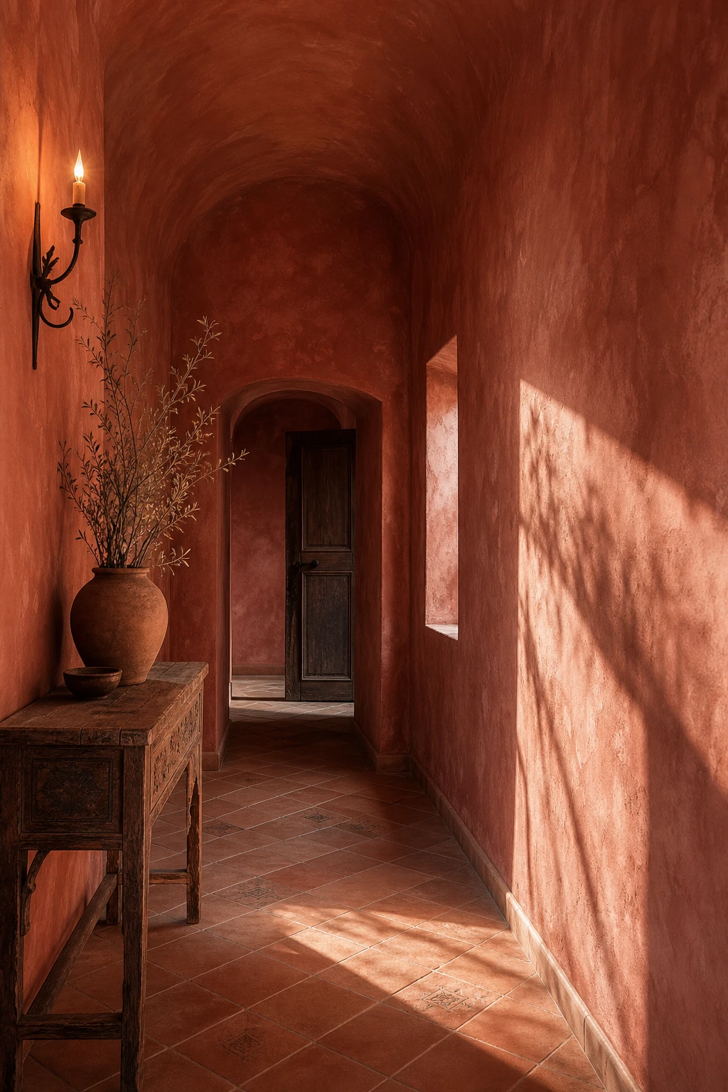 Mediterranean hallway with limewash walls in warm earth tones, terracotta floor tiles, a wrought iron wall sconce, and an arched doorway