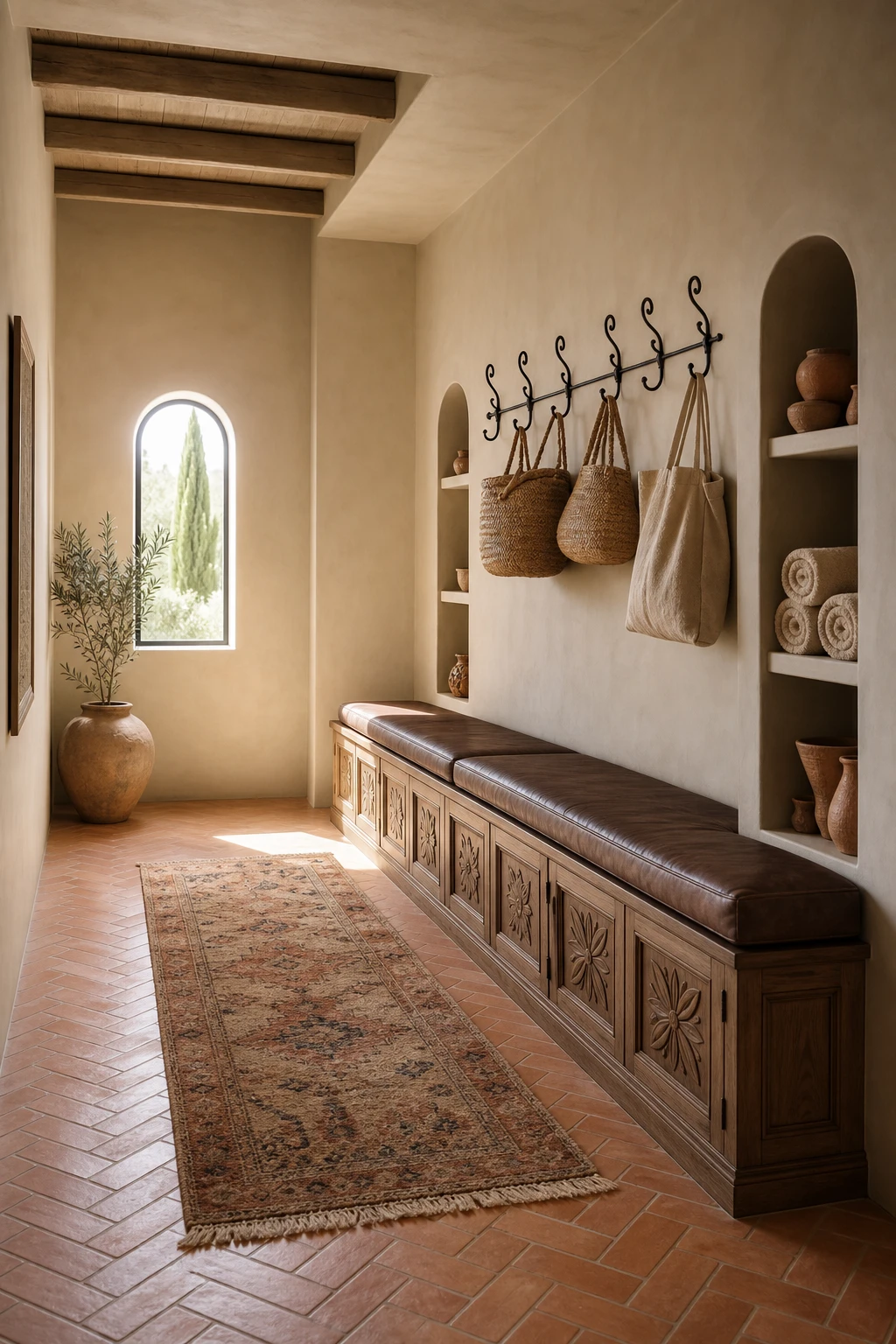 Mediterranean hallway with smart built in storage bench, arched niches, terracotta tiles, wrought iron hooks and Farrow & Ball Ringwold Ground painted walls