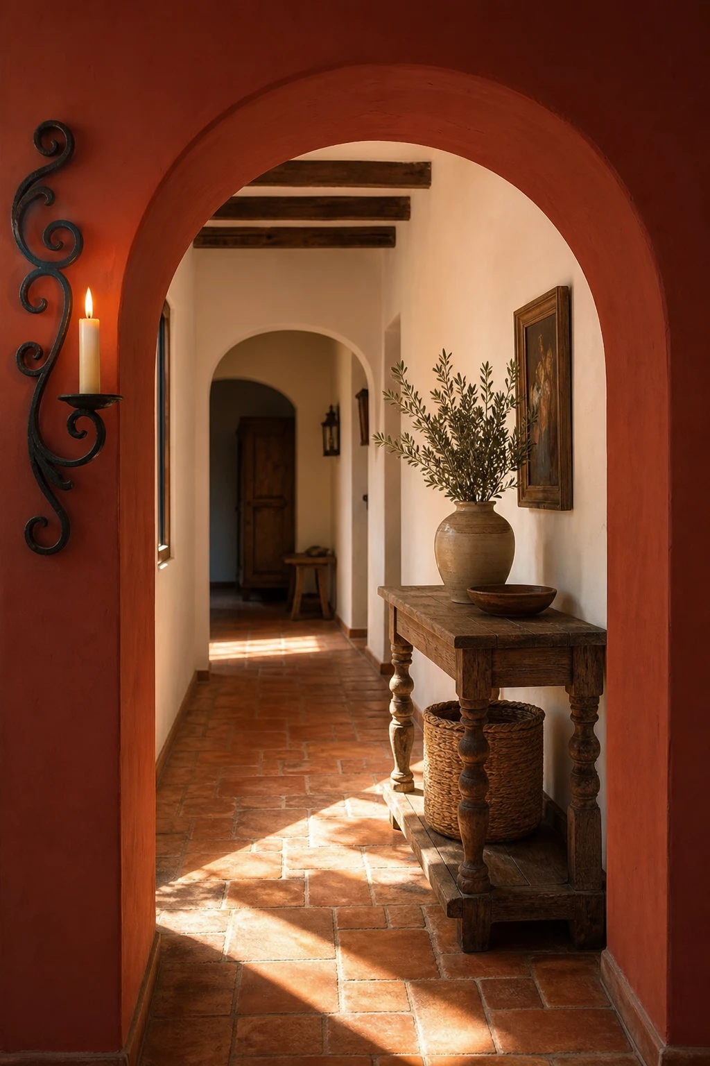 Mediterranean hallway with Spanish character ironwork, handmade terracotta tiles, arched doorway and Farrow & Ball Red Earth walls in warm afternoon light