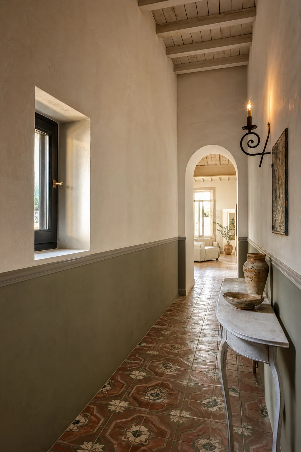Mediterranean hallway with two tone walls featuring dark warm lower half and light upper half, terracotta floor tiles, arched doorway, and wrought iron wall sconce