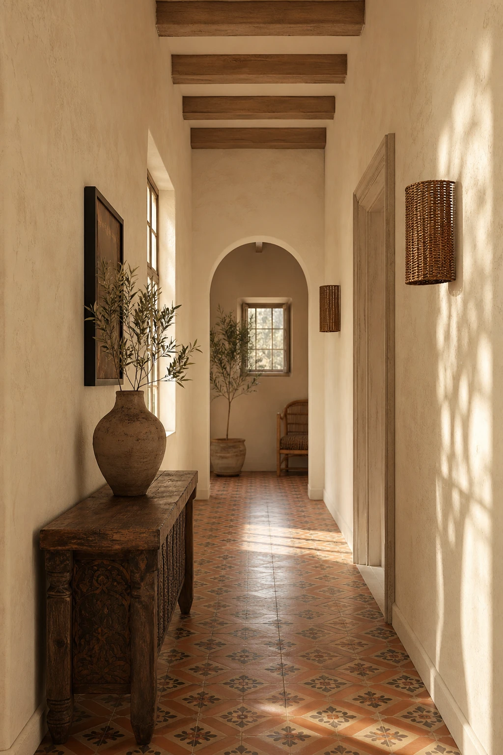 Mediterranean hallway with warm cream palette, textured plaster walls in Farrow and Ball Clunch, terracotta floor tiles, arched doorway and woven rattan details
