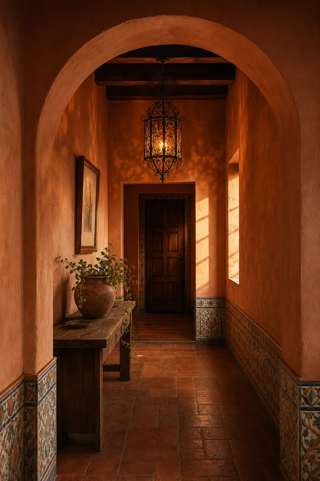 Mediterranean hallway with warm terracotta walls, arched doorway, terracotta tile floor, wrought iron lantern and wooden console table bathed in golden afternoon light
