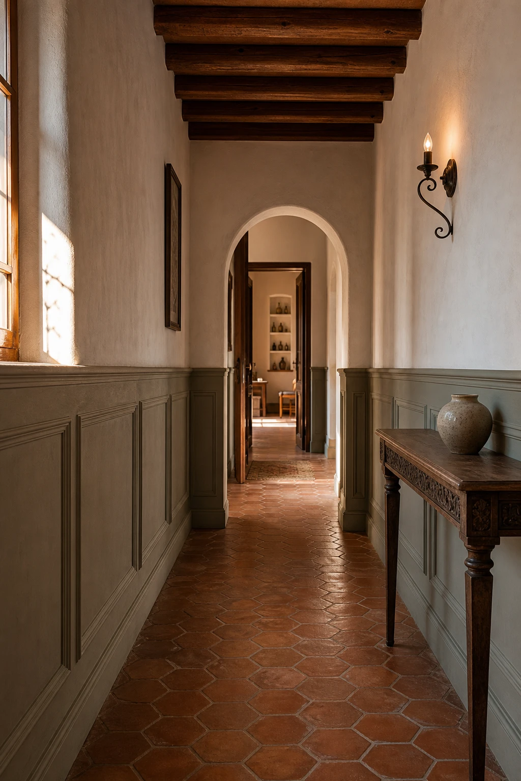 Mediterranean hallway with wood panelling painted in a warm earthy brown, terracotta tile floor, arched doorway and wrought iron wall light casting soft afternoon glow